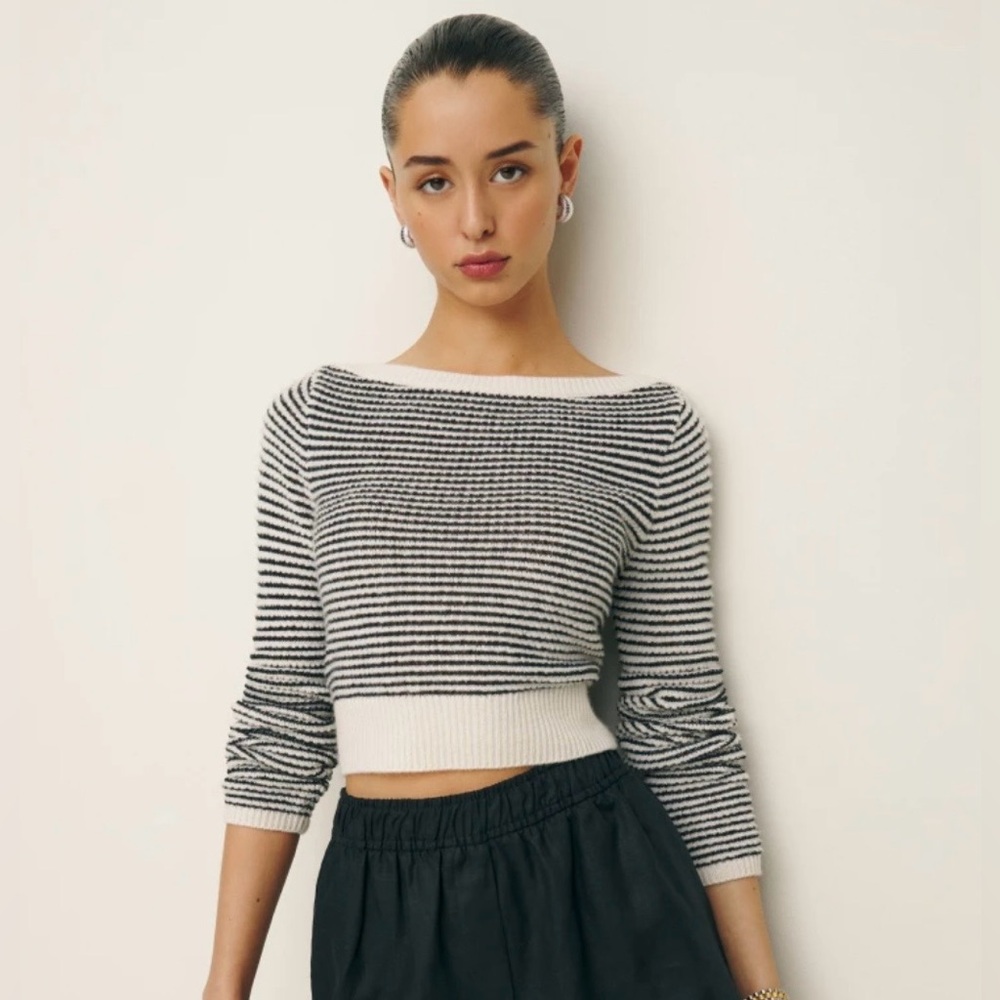 Reformation Chloe Cashmere Linen Blend Crop Sweater Black White Stripe Size Med